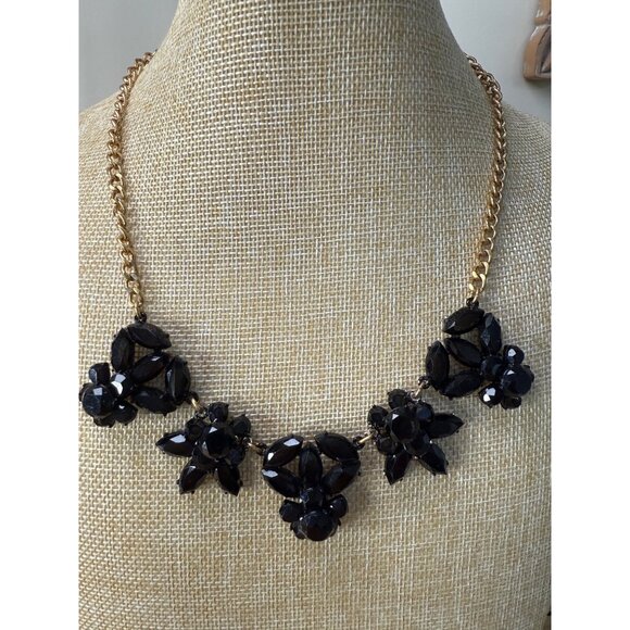 J. Crew Black Floral Statement Necklace Gold Chain Adjustable Length Modern - Picture 1 of 7
